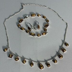 Gold Tone Teardrop Necklace Bracelet Earrings Set Dainty 3 Piece